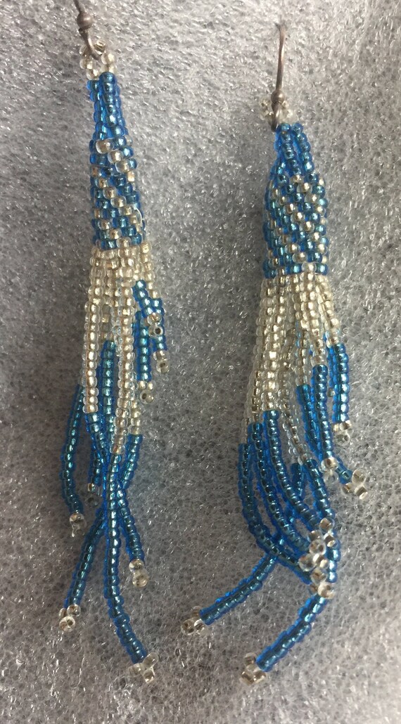 Blue Bead Earring, Blue Dangle Earring, Blue Frin… - image 6