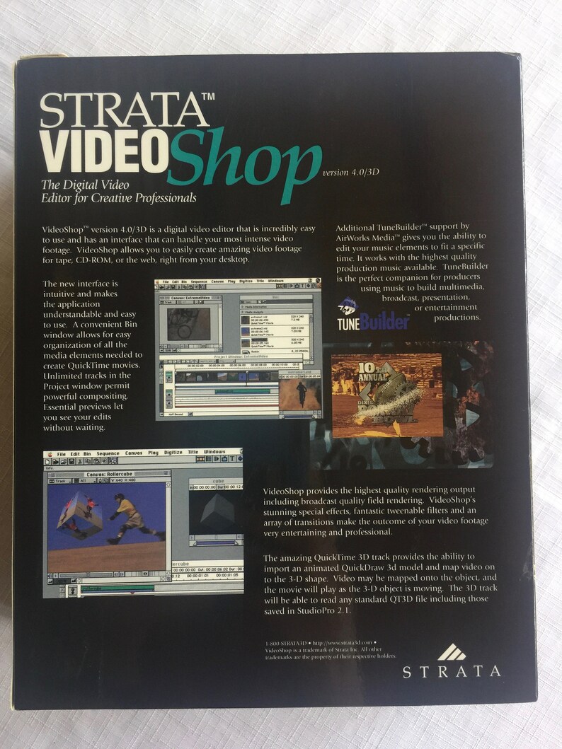 Pu&ograve; includere: Una scatola nera e verde con il titolo "STRATA VIDEOShop" in testo bianco. La scatola &egrave; per un editor video digitale per professionisti creativi. La scatola presenta uno screenshot dell'interfaccia del software, che include una timeline, una finestra di anteprima e un cestino per organizzare i file multimediali. Il testo "versione 4.0/3D" &egrave; nell'angolo in alto a destra della scatola.