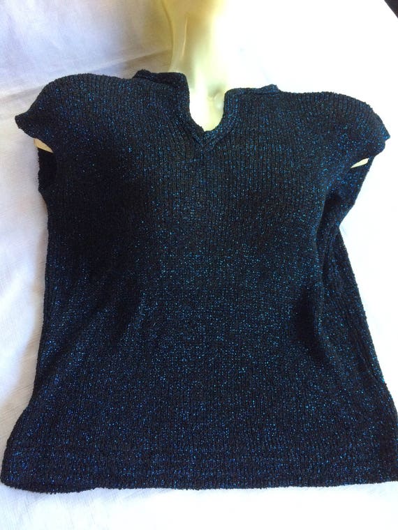 Blue Black Knit Top, Sparkly Top, Sparkly Knit Top