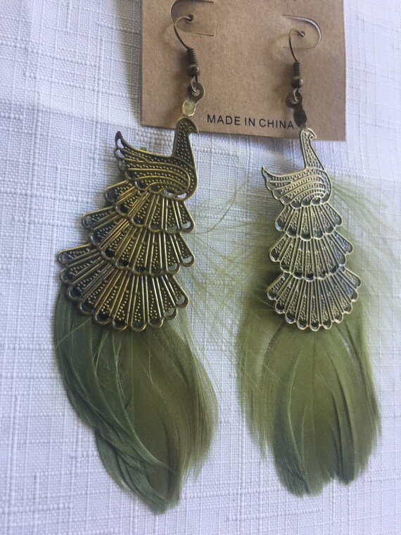 Green Feather Dangle, Green Exotic Drop, Green Bi… - image 2