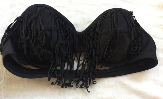 Strapless Bra, Black Bra, Black Fringe Bra, Black