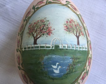 Wood Painted Egg, Romantic Egg, Decorative Egg, Ornamental Egg, Egg Knick Knack, Egg Art, Painted Egg, Swan Egg, Wood Egg, Egg Sculpture