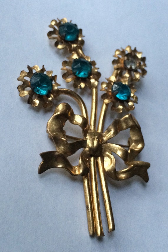 Gold Victorian Brooch, Aqua Brooch, Art Nouveau Pin, … Gem