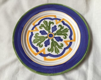 Portugal Serving Plate Pottery Round Platter MM Hand Painted Round White Blue Artisan Heavy Display Dish Signed Europe Kitchen Continental