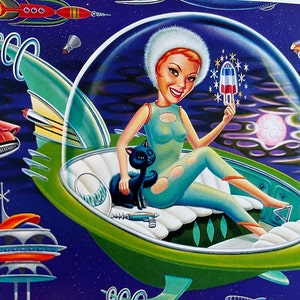 May include: A retro-style illustration featuring a person with short orange hair and a white fur hat sitting inside a green flying saucer. The person holds a red, white, and blue popsicle, accompanied by a black cat and a small ray gun.
