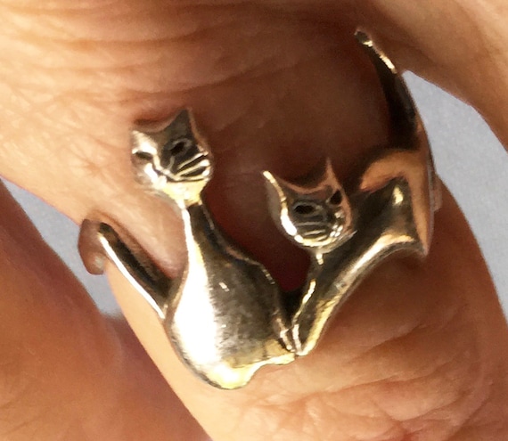 Cat Ring, Silver Cat Ring, Retro Cat Ring, Two Ca… - image 9
