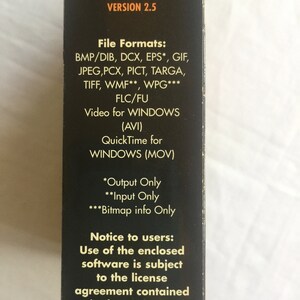 May include: Black and gold box with the text "H" and "VERSION 2.5" on the top. The box lists file formats supported by the software, including BMP, DIB, DCX, EPS, GIF, JPEG, PCX, PICT, TARGA, TIFF, WMF, WPG, FLC, FU, AVI, and MOV. The box also includes a notice to users about the license agreement contained in the package.
