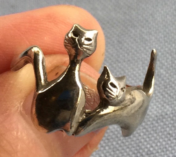 Cat Ring, Silver Cat Ring, Retro Cat Ring, Two Ca… - image 1