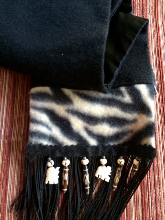 Novelty Scarf, Black Fleece Scarf, Tassle Scarf, Zebra Scarf