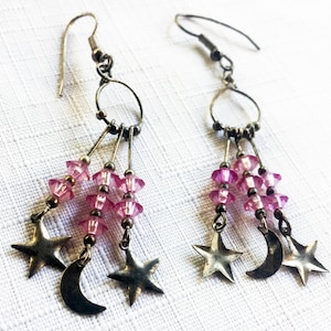 Star Moon Earring, Celestial Earring, Lavender Earring, Moon 70s Earring, 70s Dangle, Star Moon Drop, Star Moon Dangle, Lavender Silver Drop