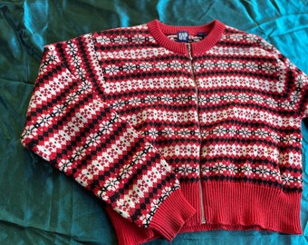 Ski Sweater,Red Cardigan, Gap Cardigan, Snowflake Sweater, Red Print Sweater, Zippered Sweater, Gap Sweater, Medium Cardigan, Gap Knit Top