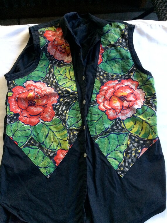 Sleeveless Black Top, Black Flower Shirt, Red Rose