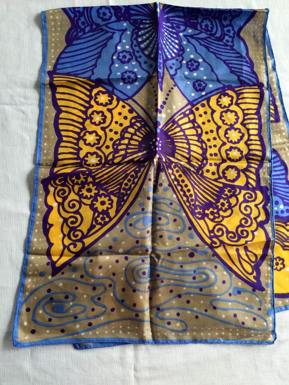 Butterfly Scarf, Blue Yellow Scarf, 60s Blue Scarf