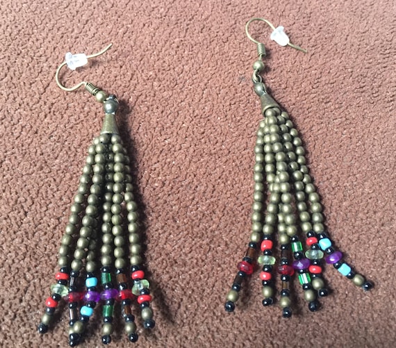 Boho Bead Earring, Bead Dangle Earring, Bronze Ea… - image 1