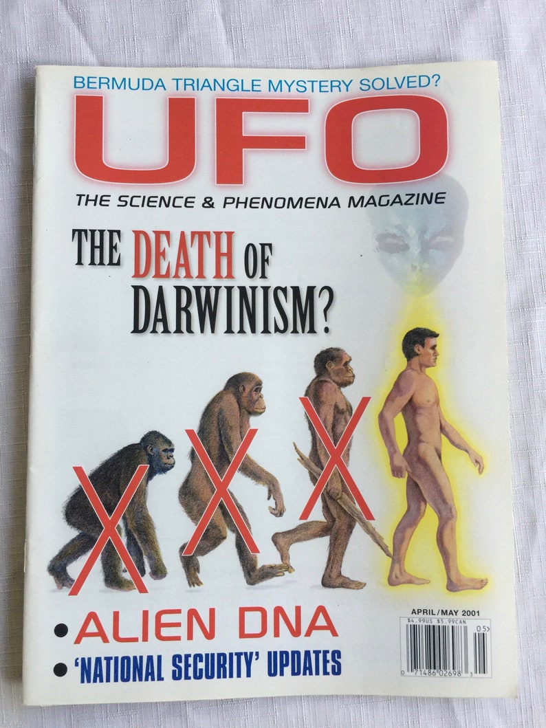 Puede incluir: Una portada de revista titulada UFO The Science & Phenomena Magazine, fechada en abril/mayo de 2001. La portada presenta los textos Bermuda Triangle Mystery Solved?, The Death of Darwinism?, Alien DNA y National Security Updates con un gr&aacute;fico.