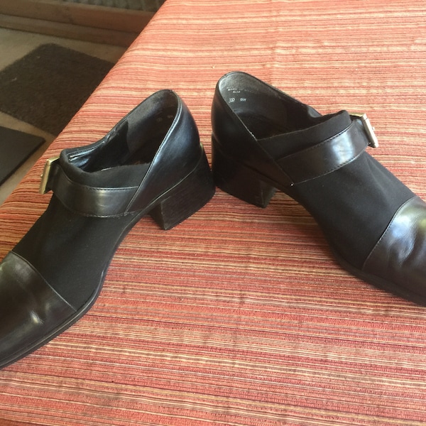 Black Leather Shoes, Black Boot, Black Chunky Shoe, Black Leather Heel, Black Chunky Heel, Black Buckle Shoe, Black Mod Shoe, Size 9 Shoe