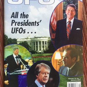 Puede incluir: UFO Magazine, Volumen 15, N.&ordm; 1, enero de 2000. La portada presenta el texto All the Presidents' UFOs... e incluye fotograf&iacute;as de Ronald Reagan, Bill Clinton, Jimmy Carter y Richard Nixon, junto a una imagen de la Casa Blanca.