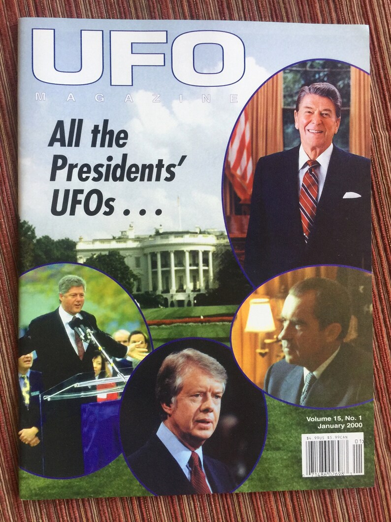 Puede incluir: UFO Magazine, Volumen 15, N.&ordm; 1, enero de 2000. La portada presenta el texto All the Presidents' UFOs... e incluye fotograf&iacute;as de Ronald Reagan, Bill Clinton, Jimmy Carter y Richard Nixon, junto a una imagen de la Casa Blanca.