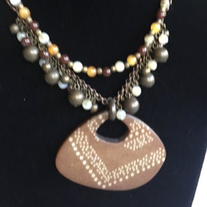 Wood Pendant, Wood Necklace, Boho Wood Pendant, Brown Necklace, Tribal Wood Necklace, Brown White beads, Boho Wood Necklace, Brown Pendant