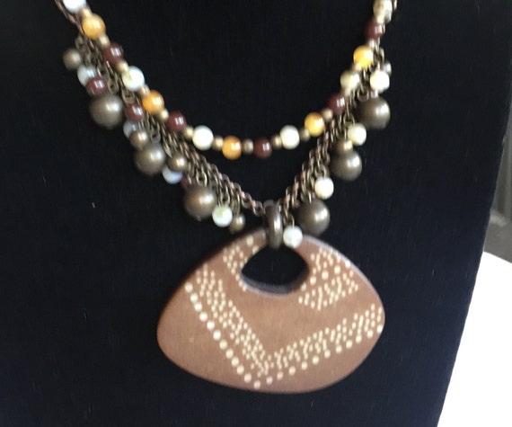 Wood Pendant, Wood Necklace, Boho Wood Pendant, Brown Necklace, Tribal Wood Necklace, Brown White beads, Boho Wood Necklace, Brown Pendant