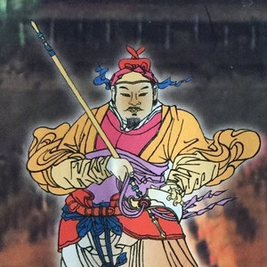 May include: A painting of a person in a yellow and orange robe holding a long, thin, wooden staff. The person has a red and blue hat and a beard. The background is dark.
