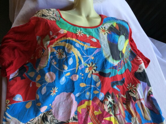 Colorful 80s Blouse, Colorful 80s Top, Wild 80s Blouse, Wild Blouse, 80s Blouse, 80s Top, Wild Top, BLUE Red Top, XL Blouse, SIZE 26 Top
