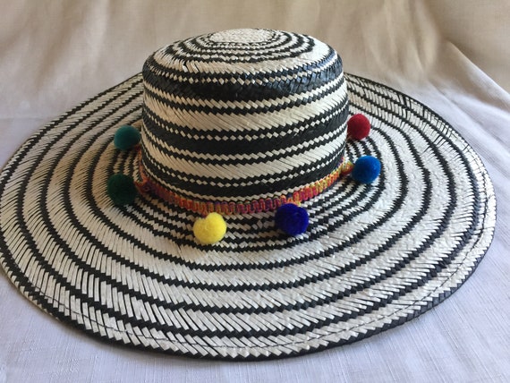 Pom Pom Sun Hat, Wide Brim Hat, Straw Hat,Pom Pom