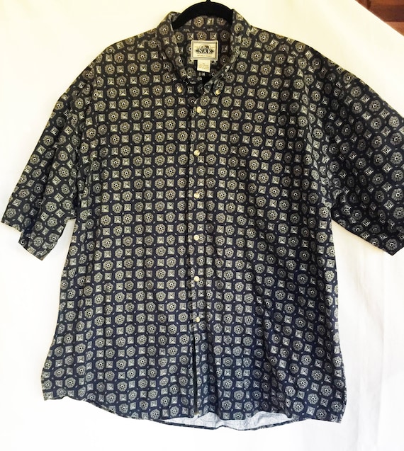 Oxford Shirt, Blue Print Shirt, Button Front, Shor