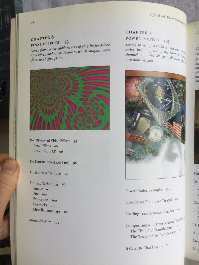 May include: A book cover with a green and pink psychedelic pattern. The book is titled "Final Effects" and is part of a series called "Kai's Power Tools Studio". The book cover also includes the text "Secrets from the incredible new set of plug-ins for Adobe After Effects and Adobe Premiere, which catapult video effects to a higher plane."
