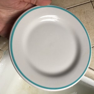 以下が含まれることがあります： ターコイズブルーの縁取りが施された白いセラミック製のプレート。プレートは少し傾いており、シンクの中にあるように見える。