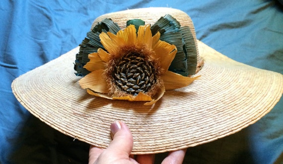 Sunflower Hat, Wide Brim Hat, Straw Hat, Flower H… - image 1