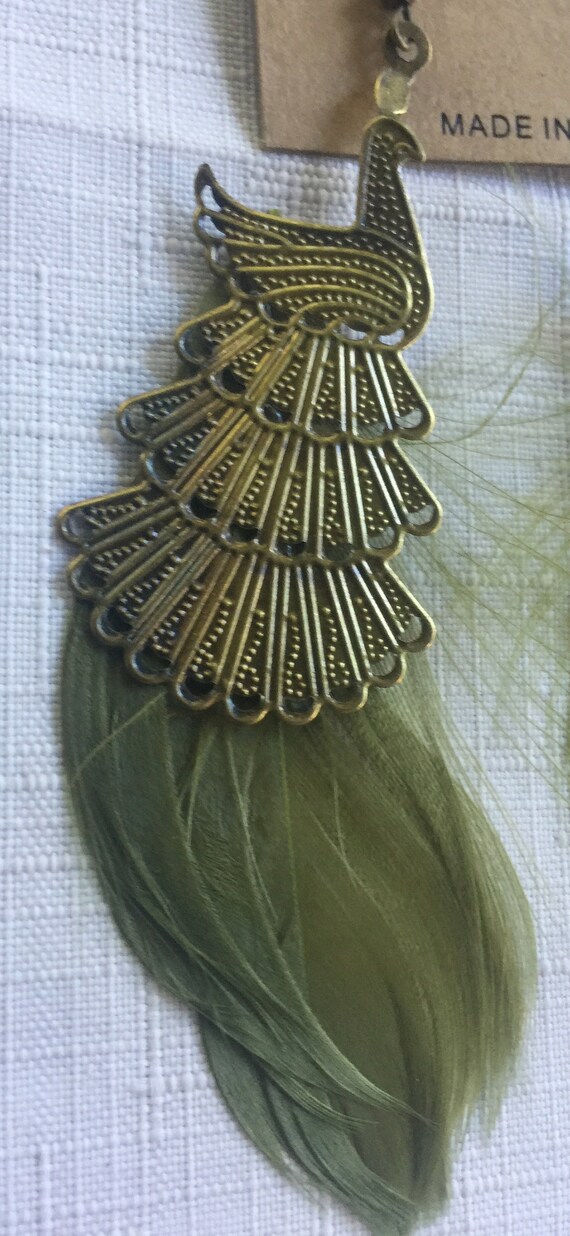 Green Feather Dangle, Green Exotic Drop, Green Bi… - image 4