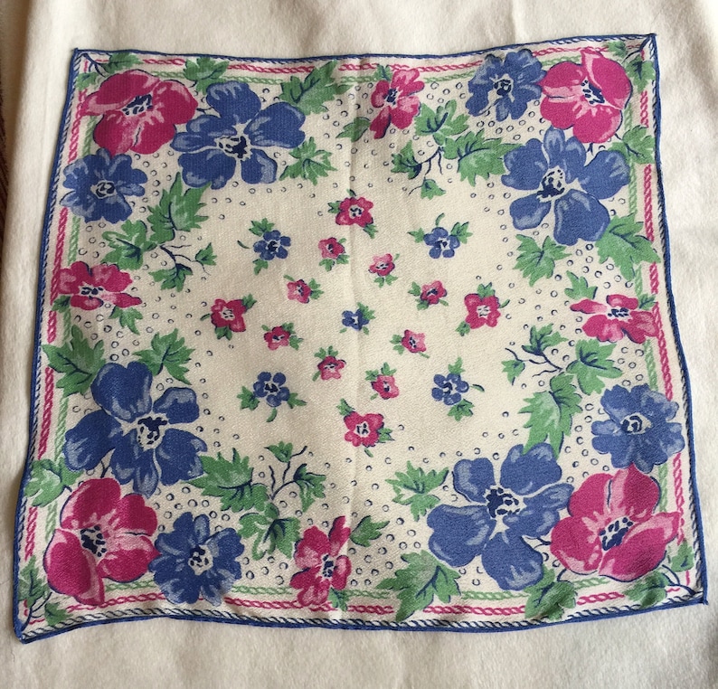 Retro Flower Hankie Pansy Handkerchief Floral Handkerchief Flower Hankie Blue Floral Hankie Retro Floral Hankie Flower Handkerchief