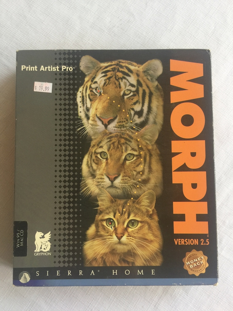 May include: A box for the Morph software, version 2.5, by Sierra Home. The box features a tiger and a cat, and the text "Print Artist Pro" and "$19.99".