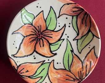 Accent Bowl, Floral Bowl, Handmade Bowl, Art Bowl, Pottery Bowl, Painted Bowl, orange Bowl, Artisan Bowl, Decorative Bowl, Flower Bowl