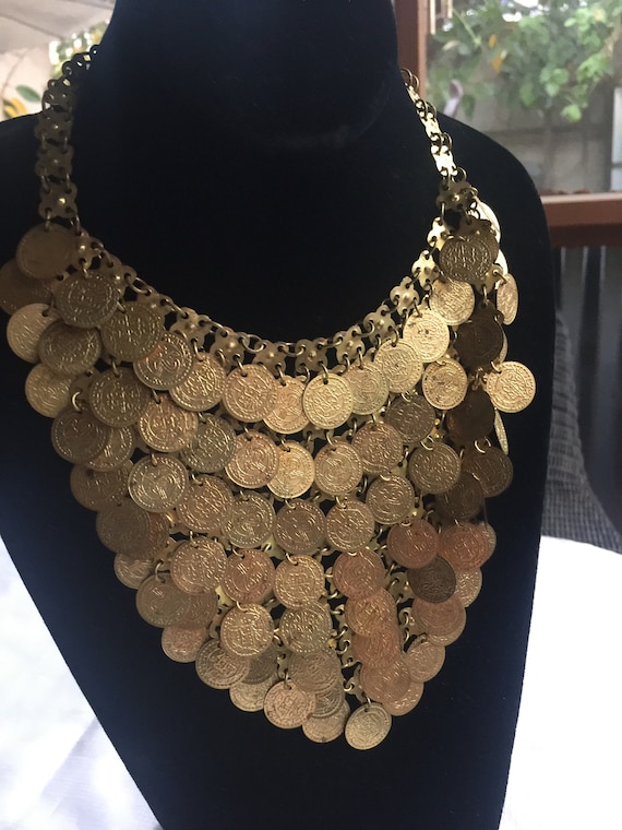 Cleopatra Necklace, Coin Bib, Gold Charm Bib,Egypt