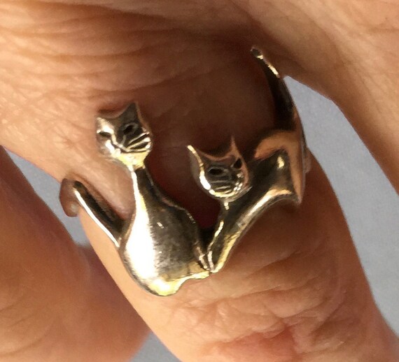 Cat Ring, Silver Cat Ring, Retro Cat Ring, Two Ca… - image 7