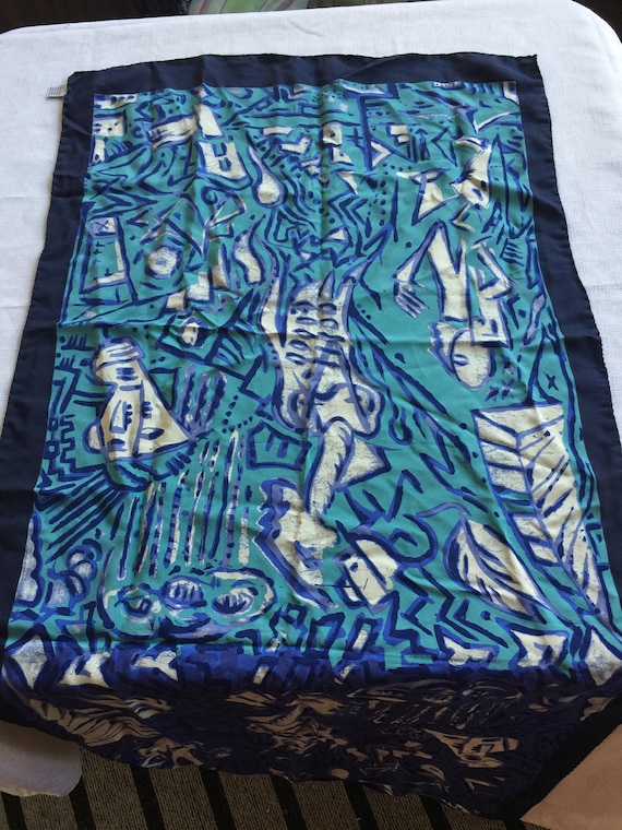 Blue Painted Scarf, Blue White Scarf, Tribal Prin… - image 1