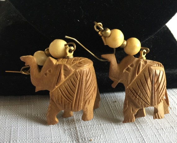 Elephant Dangle, Elephant Earring, Wood Carve Ear… - image 1