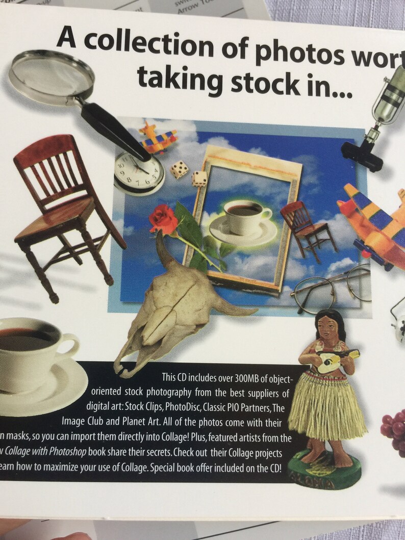 Puede incluir: Una colecci&oacute;n de fotos para arte digital y dise&ntilde;o. Este CD incluye m&aacute;s de 300 MB de fotograf&iacute;a de stock orientada a objetos de los mejores proveedores de arte digital. Las fotos vienen con sus m&aacute;scaras de imagen, por lo que puedes importarlas directamente a Collage. Adem&aacute;s, los artistas destacados del libro Collage con Photoshop comparten sus secretos. Echa un vistazo a sus proyectos de Collage y aprende a maximizar tu uso de Collage. &iexcl;Oferta especial de libro incluida en el CD!