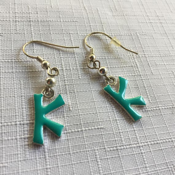 Initial Earring, Green Earring, Enamel Initial Ea… - image 1