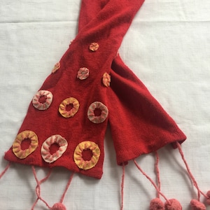 Red Knit Scarf, Boho Red Scarf, Red Scarf, Red Yarn Scarf, Tassel Scarf, Red Pom Pom Scarf, Orange Scarf, Boho Scarf, Red Crafted Scarf