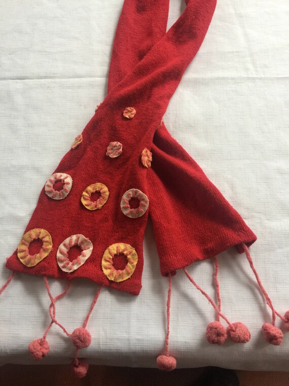 Red Knit Scarf, Boho Red Scarf, Red Scarf, Red Yarn Scarf, Tassel Scarf, Red Pom Pom Scarf, Orange Scarf, Boho Scarf, Red Crafted Scarf