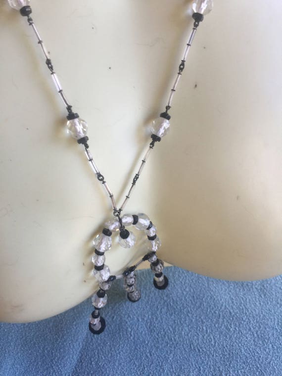 Tassel Necklace, Black Crystal Beads, Black Neckla