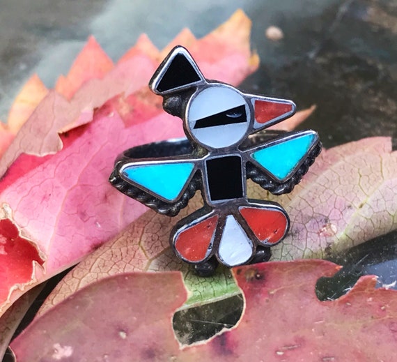 Vintage Zuni Thunderbird Inlay Ring, Zuni Rings, S