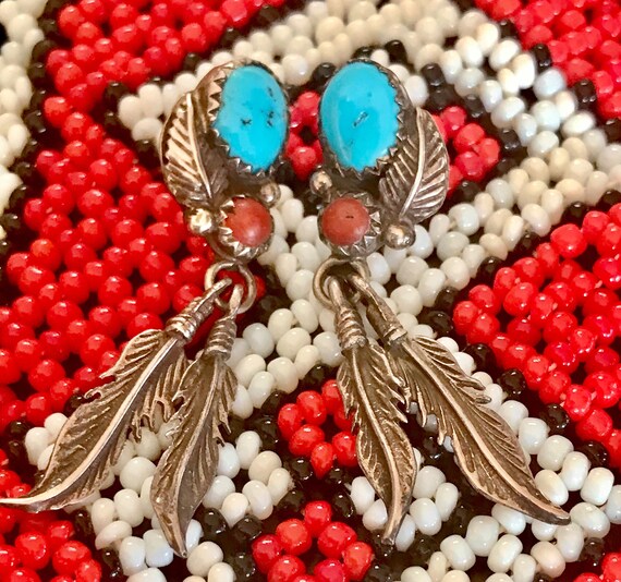 Vintage Navajo Feather Earrings, Pierced Earrings,