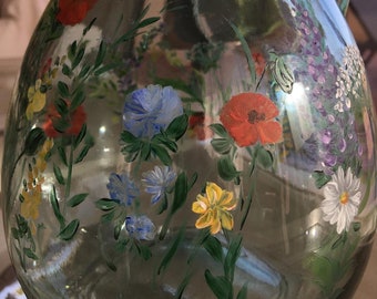 Wild Flowers hand painted glass Jugs or Vases, gifts for her, garden parties, summer vibes. Unique, classy, chic. "Thank you" gifts