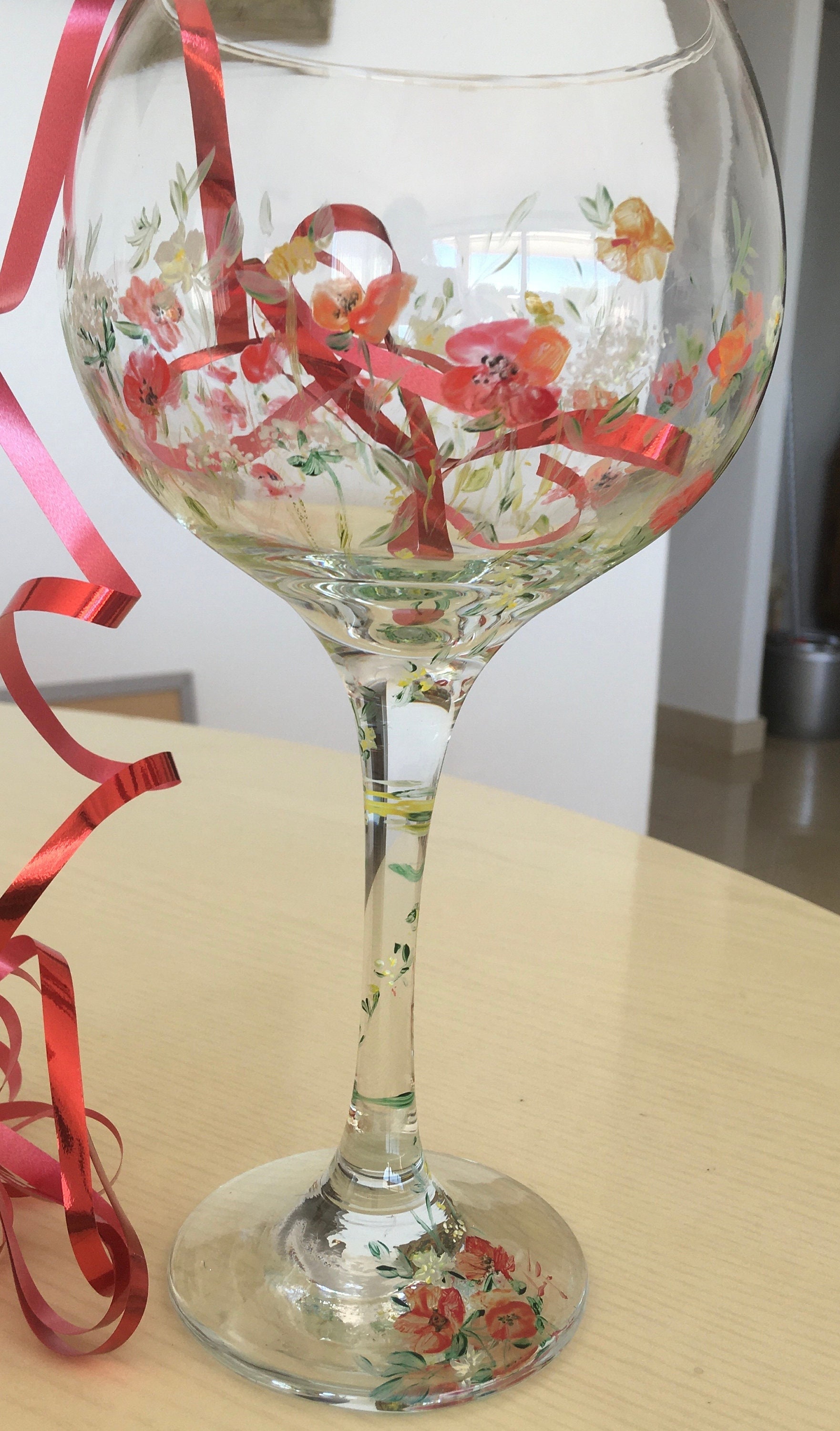 Poppy Gin Glass. Elegant gifts / Wedding / Engagement / Anniversary / Birthday / Hen Party Gift. Poppies & Wild flowers hand painted glass