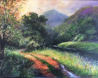 Original Painting, Cotswolds Lane Oil on canvas/ Christmas gift/ art lover gift, Farmhouse wall painting/ gift for the home/ Wall decor