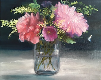 Flowers in a Jam Jar, Original Oil Painting, perfect gift for a lady, friend, House warming gift, wall Art, print available, healing artwork